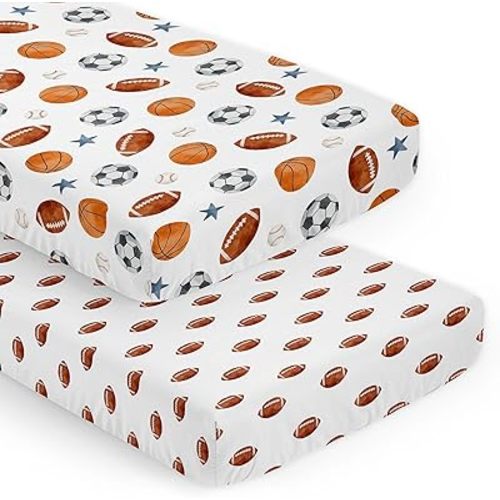 Sweet Jojo Designs 2-Piece Baby Crib Sheets Set (Sports Theme) for Boys, Infant Nursery, Toddler Room - Fitted, Standard Size (Football Print & Watercolor, Vintage, Sport Themed, Baseball, Blue Stars)