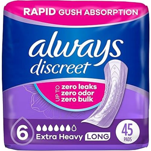 Always Discreet Adult Incontinence Pads for Women, Extra Heavy Absorbency, Long Length, Postpartum Pads, 45 Count (Packaging May Vary)