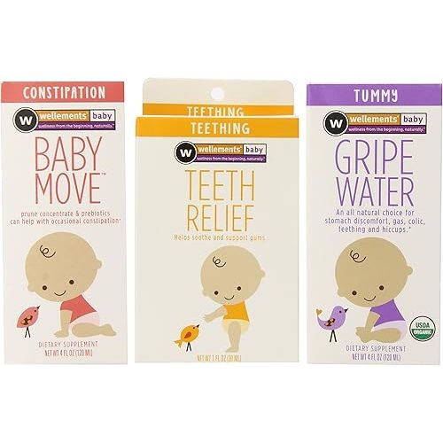 Wellements Organic Baby Remedy Essentials Pack of 3( (1) Baby Constipation Support 4 Fl Oz, (1) Baby Tooth Oil 0.5 Fl Oz , (1) Gripe Water 4 Fl Oz -Packaging May Vary