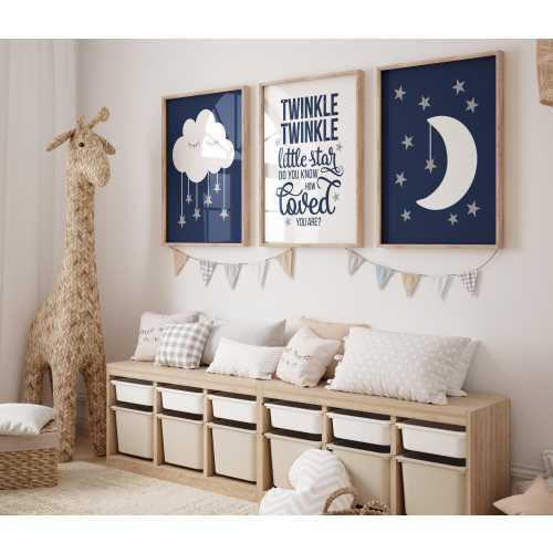 Moon Cloud Stars Nursery Decor Prints or Canvas Twinkle Twinkle Little Star Wall Art Navy Boy Quote Nursery Artwork Set of 3 Pictures