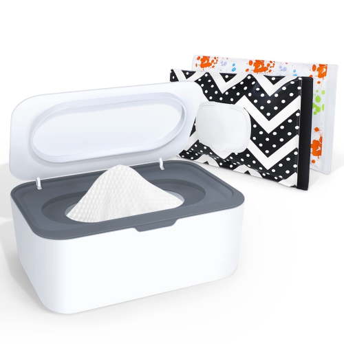 Topekada Baby Wipes Dispenser,Wipe Holder with 2 Pcs Portable Travel Wipes Pouch, Refillable Diaper Wipes Container with Lids and Sealing Design(Grey)