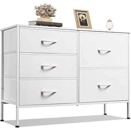 WLIVE White Dresser for Bedroom with 5 Drawers, Fabric Dresser for Living Room, Wide Chest of Drawers for Bedroom, Closet, Hallway, White
