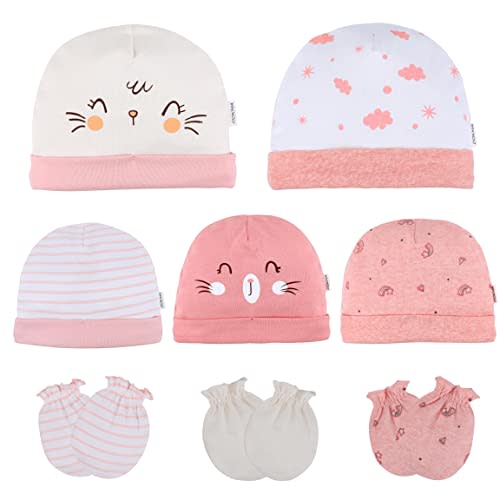 DOKMA - Organic Cotton Baby Mittens and Caps Set with Cute Bunny Design for Newborn 0-12 Months - Ultra Soft, No Scratch - 5 Caps x 3 Mittens
