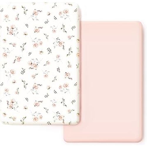 Stretchy Ultra Soft Jersey Knit Fitted Pack n Play Sheets Set 2 Pack, Portable/Mini Crib Sheets for Girls, Universal Fit for Pack N Plays Safe and Snug, Pink Rose Print