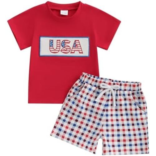 4th of July Baby Boy Outfit American Flag Embroidery Short Sleeve T-Shirt and Shorts Set Toddler Boy Summer Clothes