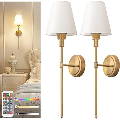 DORESshop Battery Operated Wall Sconce Set of 2, Wall Light Wireless Easy to Install Remote Control, Dimmable and Adjustable Sconces Wall Decor, Rechargeable Wall Lamp for Bedroom, Living Room, Gold