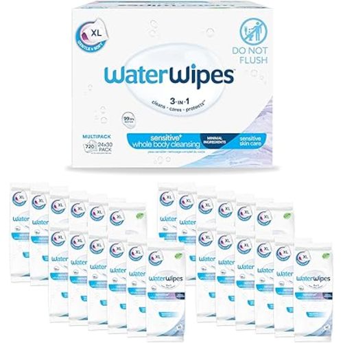 WaterWipes Sensitive Whole Body Cleansing Wipes, 99.9% Purified Water, XL Textured Wipes, Incontinence Care, Fragrance Free, 360 Count