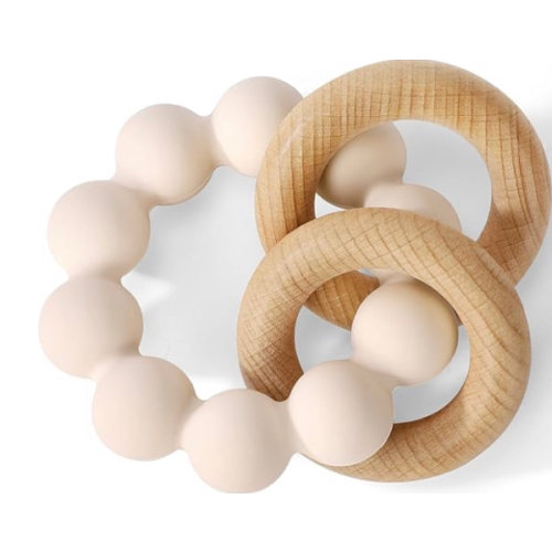 Socub Baby Teething Toys for 0-6 6-12 Months- BPA-Free Food-Grade Silicone & Natural Beech Wood Teether Ring for Newborn Infants Teething Relief- Easy-Grip Sensory Rattle Toys(Shifting Sand)