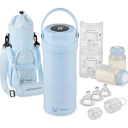 4ALLFAMILY 22oz Breast Milk Cooler Travel Bag – Larger Capacity Stores 2x11oz Bottles for More Milk - 24+ Hour Biogel Cooling & TSA-Compliant - Breastmilk Cooler Storage with Silicone Nipples – Blue