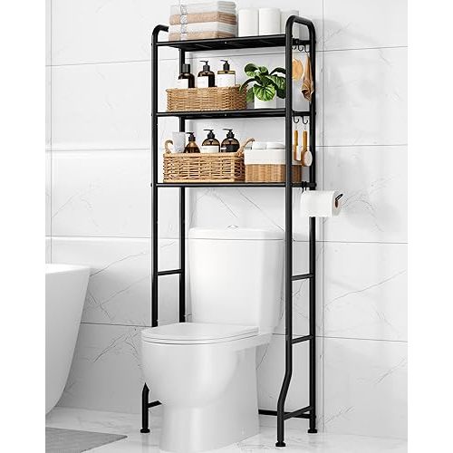 Kitsure Over Toilet Storage Rack - Metal Over Toilet Bathroom Organizer Shelf, Over The Toilet Storage Cabinet with Paper Holder and Hooks, Bathroom Cabinet for Laundry, Black, 3 Tiers (63.2" H)