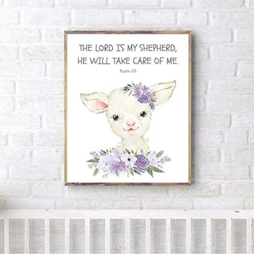 Christian Nursery Decor, Kids Bible Verse Wall Art, Psalm 23, Scripture Print, Watercolor Animal, Lavender Purple Lilac, Baby Girl Nursery