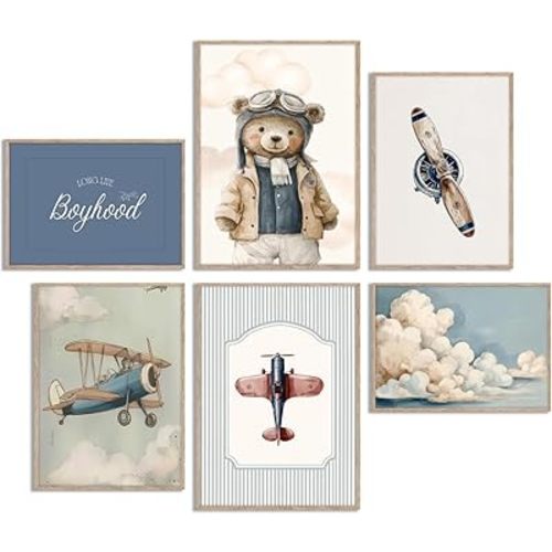 6Pcs Vintage Teddy Bear Nursery Canvas Wall Art Funny Navy Blue Bear Posters Print Artwork Airplane Aviation Painting Pictures Wall Decor for Playroom Kids Room Home Decoration 12x16in Unframed