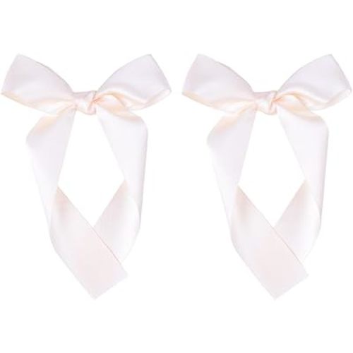 2-Pack Long Satin Ribbon Hair Bows for Girls – Elegant Silk Hair Clips for Toddlers, Infants, Teens & Kids - Ivory