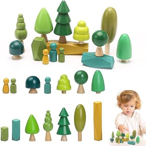 JETMHH Wooden Tree Toys Balancing Stone Blocks | Wooden Sorting Stacking Balancing Stone Rocks for Toddlers 3+ | Lightweight Colorful Educational Toys (Forest)