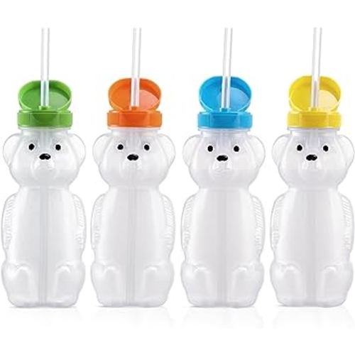 4 Pack Honey Bear Straw Cups for Babies with 8 Flexible Straws & Cleaning Tools(2 Straw Brushes &1 Bottle Brush), 8 OZ Therapy Sippy Bottles for Speech and Feeding Training, Food-Grade & BPA Free