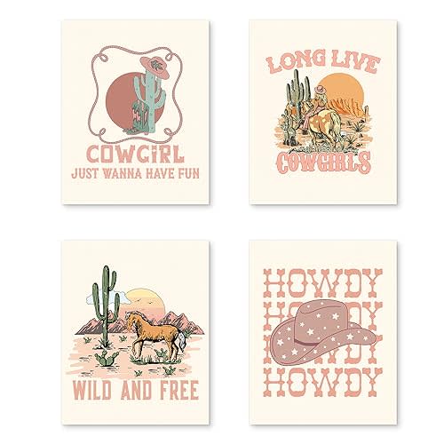 PUHEI Retro Western Howdy Cowgirl Wall Art Prints Set of 4,Nursery Decor Girl, Western Room Decor For Teen Girls, Cowgirl Nursery Boho Bedroom Decorations (Unframed), 8 x 10 In