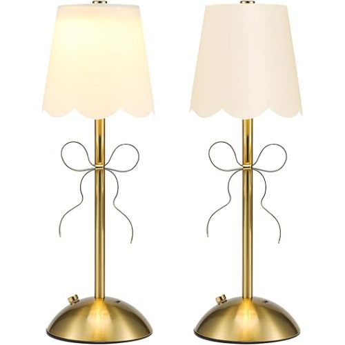 2 Pack Fabric Bow Lamp Three-Color Light Adjustment Golden Bowknot Bedside Lamp with Fabric Lampshade for Princess Rooms Girls' Rooms Pink Party Decoration