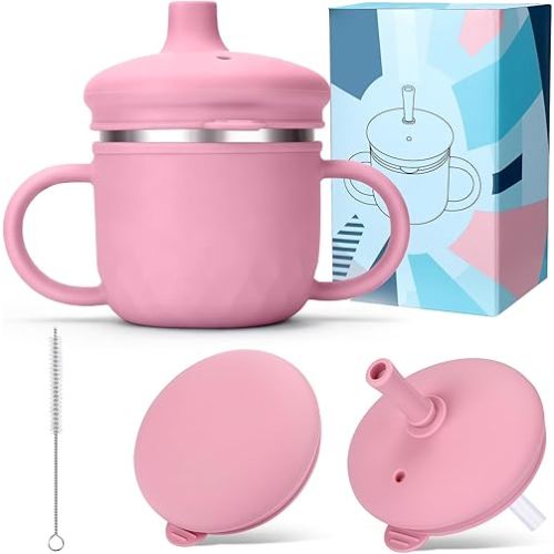BUSOHA Stainless Steel Sippy Cups - 3 IN 1 Silicone Sippy Cup for Toddlers Baby Straw Cup with Brush Kids Cups with Lid and Silicon Straw Anti-Drop Spill Proof Cups for Travel,8 oz, Pink