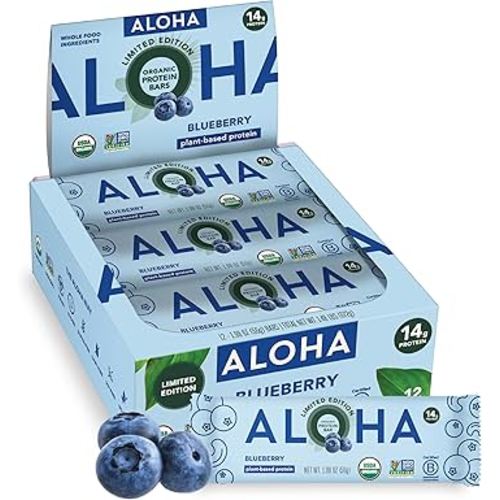 ALOHA Organic Plant Based Protein Bars - Blueberry Bars, Vegan, Low Sugar, Gluten-Free, Low Carb, Non-GMO, No Stevia, No Erythritol - 12 Count (Pack of 1)