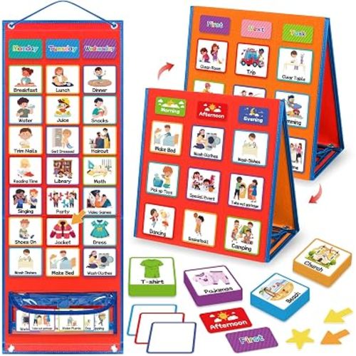 Visual Schedule for Kids with Autism Chore Reward Chart, Bedtime Routine Chart for Toddlers, Double Side Weekly Planner Board with 135 Cards for Home School Planner, Autism Learning Materials
