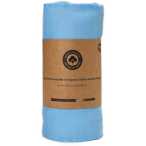 Organic Cotton Blue Swaddle Blankets - Newborn Baby Boy Swaddling Blanket - Blue Muslin Swaddle Blanket - Blue Baby Receiving Blanket - 100% Certified Organic Cotton - 47”x47” (1 Swaddle)