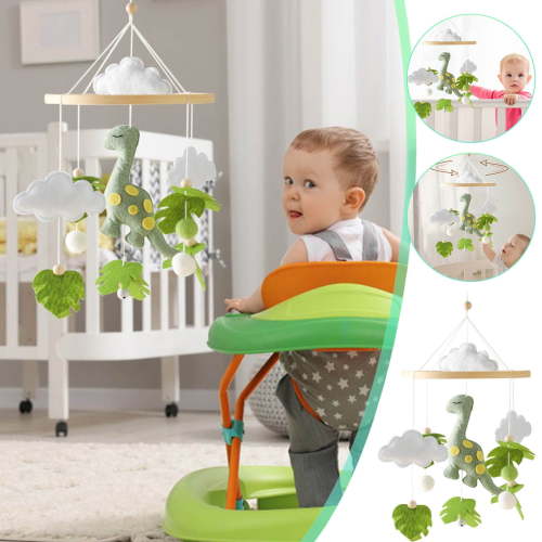 Dinosaur Crib Mobile with Wooden Beads & Felt Toys, 3D Clouds Green Leaves, Christmas Nursery Decor & Baby Shower Gift
