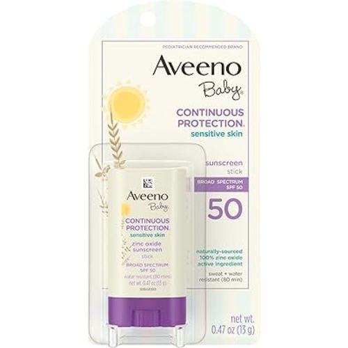Aveeno Baby Continuous Protection Mineral Sunscreen Stick for Sensitive Skin with Broad Spectrum SPF 50 Protection for Face & Body, Naturally Sourced 100% Zinc Oxide, Travel Size, 0.47 oz
