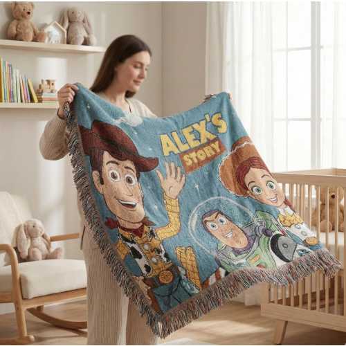 Personalized Toy Story Blanket, Woody Buzz Lightyear Jessie Rex, Custom Name Kids Gift, Disney Pixar Woven Cotton Throw, Nursery Decor
