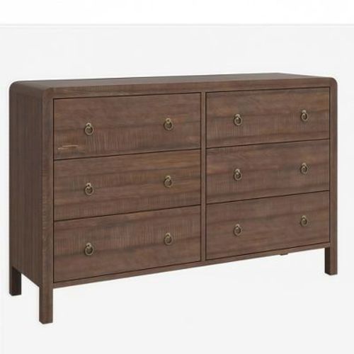 GustoWave Retro Farmhouse Dresser with 6 Drawers for Bedroom, Curved Horizontal Dresser with Metal Pull Ring, Natural Texture