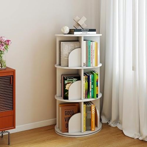 Rotating 3-Tier Bookshelf, 360° Spinning Corner Bookcase with Lazy Susan, White Space Saving Organizer for Study Room, Home Office, Kids Rooms, Bedroom, Adults & Kids, 18.11" D