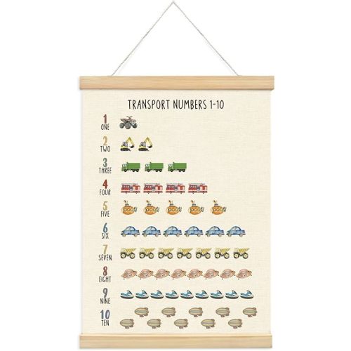 XYDEG Numbers Transportation Car Poster for Toddlers,Educational Charts 1 To 10 Banner Poster Hanger Frame for Nursery,Construction Decor for Boys Room Playroom Wall Art Decor with Wooden Frames,12x16