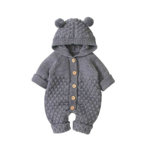 Baby Bear Hooded Knit Jumpsuit - Grey