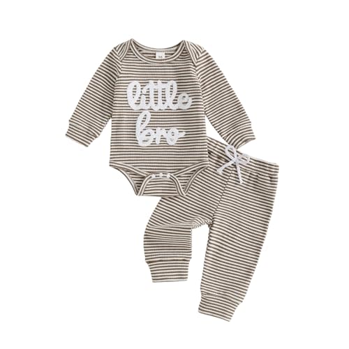 Newborn Infant Baby Boy Clothes Little Bro Embroidery Waffle Cotton Long Sleeve Romper Pants Fall Winter Outfits
