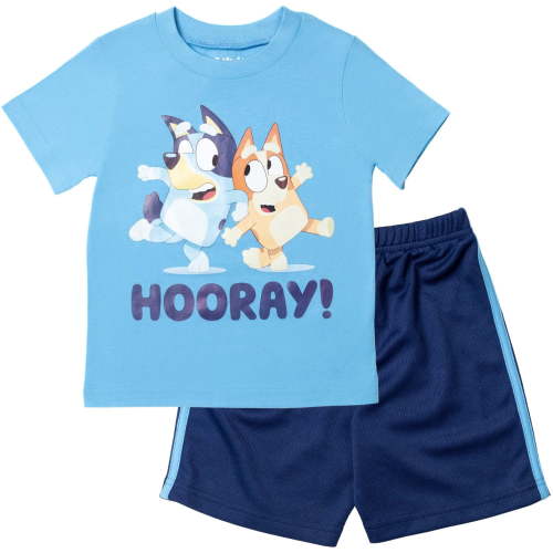 Bluey Little Boys' Graphic T-Shirt and Athletic Mesh Shorts Set Light Blue and Navy Bluey and Bingo