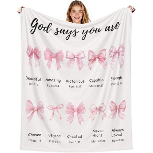 Christian Blanket Pink Bow Decor Religious Gifts for Women Mom Sister Birthday Inspirational Scripture Throw Blankets Baptism Gifts for Girl Christmas Home Decorations 50" x 60"