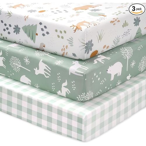 Baby Crib Sheets for Boys and Girls, 3 Pack Toddler Bed Sheets Neutral Fit for 52”x28” Standard Crib and Toddler Mattresses, Super Soft Microfiber Green Forest Bear