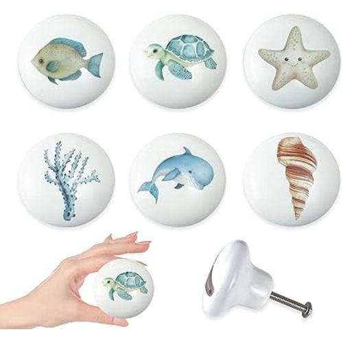 Set of 6 Ceramic Kids Nursery Fish Ocean Starfish Beachy Coastal Cabinet Dresser Drawer Door Handle Pulls Knobs 1.5 X 1.5 Inches