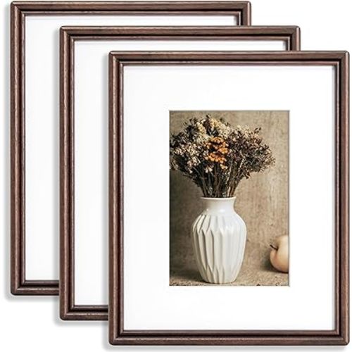 8x10 Picture Frame Set of 3, Natural Solid Walnut Wood Picture Frame with High Tempered Glass, Handcrafted Rounded Corner 8 by 10 Wooden Frame Matted to 5x7 Photo for Wall & Tabletop Display