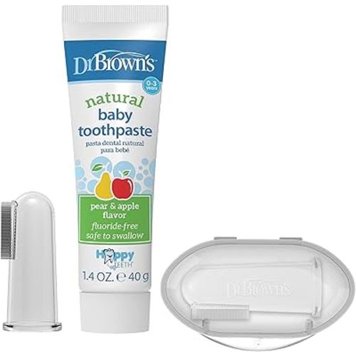 Dr. Brown's 100% Silicone Baby Finger Toothbrush and Toothpaste Set, 2-Pack Toothbrush with Storage Case, Fluoride-Free Apple Pear Toddler Toothpaste