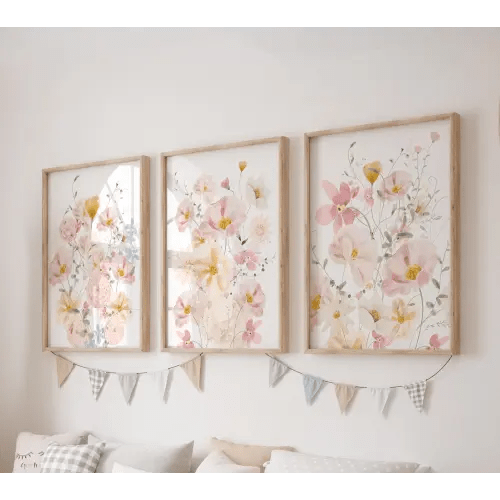 Set of 3 Wildflower Prints, Pink Flowers Wall Art Set, Floral Posters, Modern Art, Kids Bedroom Decor, Girl Nursery Decor, Playroom Prints
