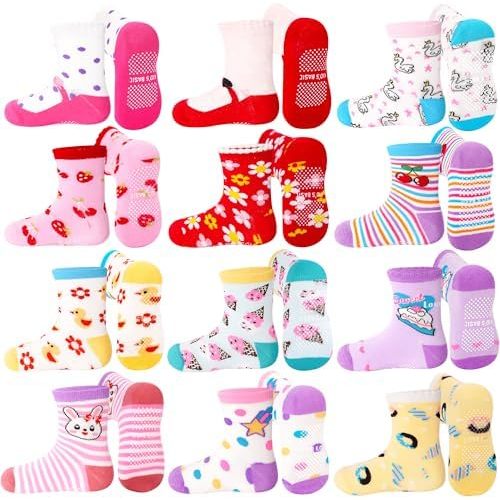 Toddler Non Slip Socks 12 Pairs Boys Girls Cute Crew Grips Socks