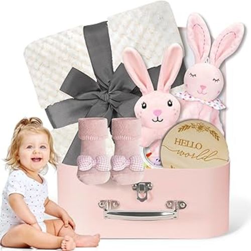 Baby Girl Gifts Newborn Gift Set, Baby Girl Newborn Essentials Gift Basket, Multiple Pieces Baby Girl Gift Basket with Baby Bunny Handbell, Baby Blanket, Keepsake Milestone, Bunny Toy, Baby Socks