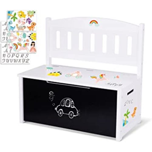 TOOKYLAND Wooden Toy Chest with Safety Hinged Lid for Kids, Toy Organizer and Storage Box with Blackboard, Seating Bench, Personalized Stickers