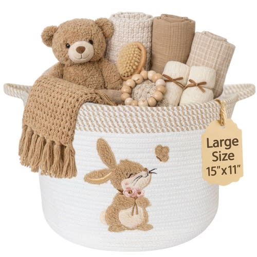 Large Bunny Cotton Rope Storage Basket – Embroidered Patch Toy Organizer (15"x11")