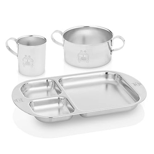 Children's Premium Stainless Steel Dinnerware Set | 1 Bowl with Handles, 1 Cup with Handle & 1 Divided Plate | Adorable Frog Design | Perfect for Babies, Toddlers & Kids | by Kiddobloom