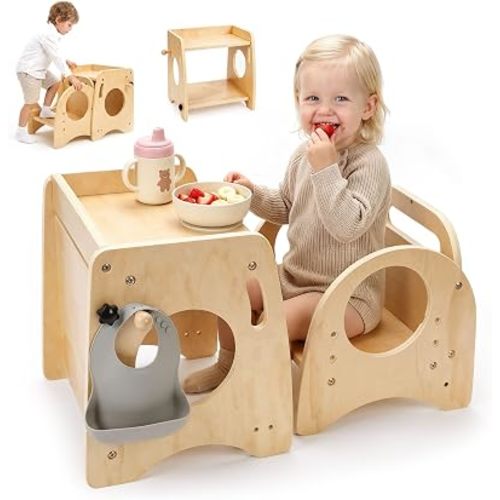 Montessori Weaning Table and Chair Set, 3-in-1 Wooden Toddler Set