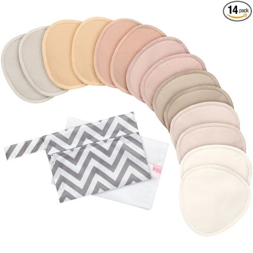 Organic Nursing Pads - 14 Washable Breast Pads for Breastfeeding, Wash Bag, Reusable Nipple Covers for Breastfeeding Essentials, Soft & Absorbent (Neutrals, L 4.8")