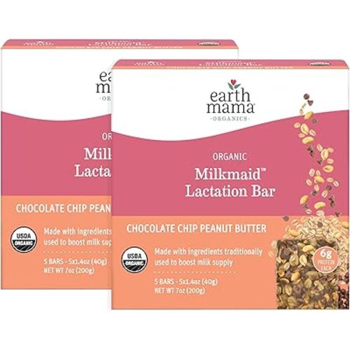 Earth Mama Organic Milkmaid® Lactation Bars, Chocolate Chip Peanut Butter, 5 Count – USDA Certified Organic Breastfeeding Snacks Made with Ingredients Traditionally Used to Boost Breastmilk Supply (5 Count (Pack of 2), Chocolate Peanut Butter)