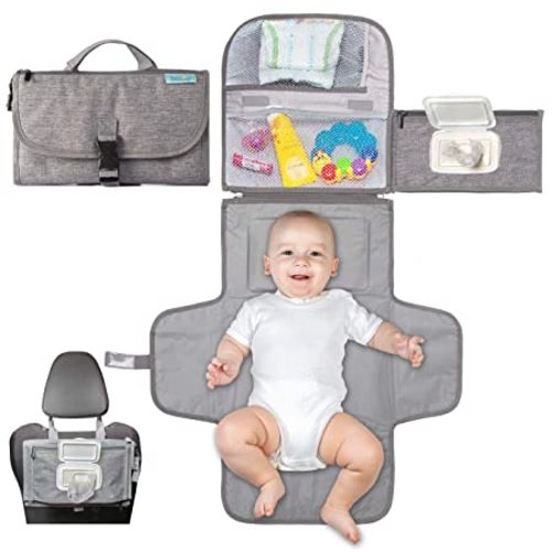 Kopi Baby Portable Diaper Changing Pad - Baby Diaper Changer Travel Bag with Wipes Pocket, Smart Design Portable Changing Mat, Infant Travel Station Kit, Gift for Newborn Girl & Boy - Grey, Classic
