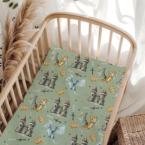 Fairytale Dragon Castle Fitted Baby Crib Sheet for Boys Girls 52x28Inch Breathable Cute Dragons Crown Stars Baby Sheet for Standard Crib and Toddler Bed Mattress Nursery Bed Dragon One Size
